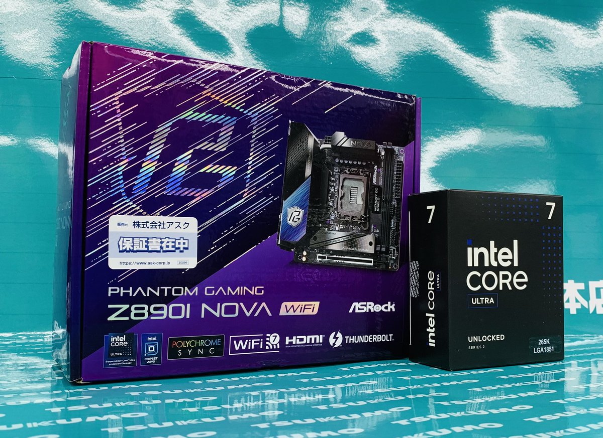 TSUKUMO_HONTEN's tweet image. 【本店BF】
インテルCore Ultra CPUと、マザーボードの2点構成
Mini-ITXご紹介です

🟦intel Core Ultra 7 265K
🛡️ASRock Z890I Nova WiFi

最大5.5GHz
8P+12E計20コア搭載するCPU

5GbE有線&amp;amp;Wi-Fi7無線LAN
Thunderbolt 4 USB Type-C完備
M.2スロット3基を備えた、Mini-ITXマザー

合計 税込108,280円