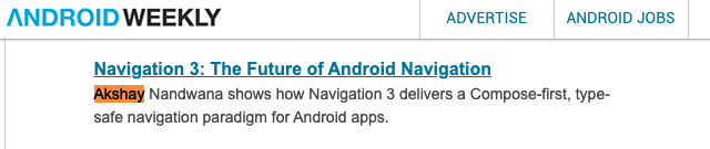akshay81844's tweet image. 3 times in a row, thank you @androidweekly 

#androidDev #kotlin #jetpackCompose