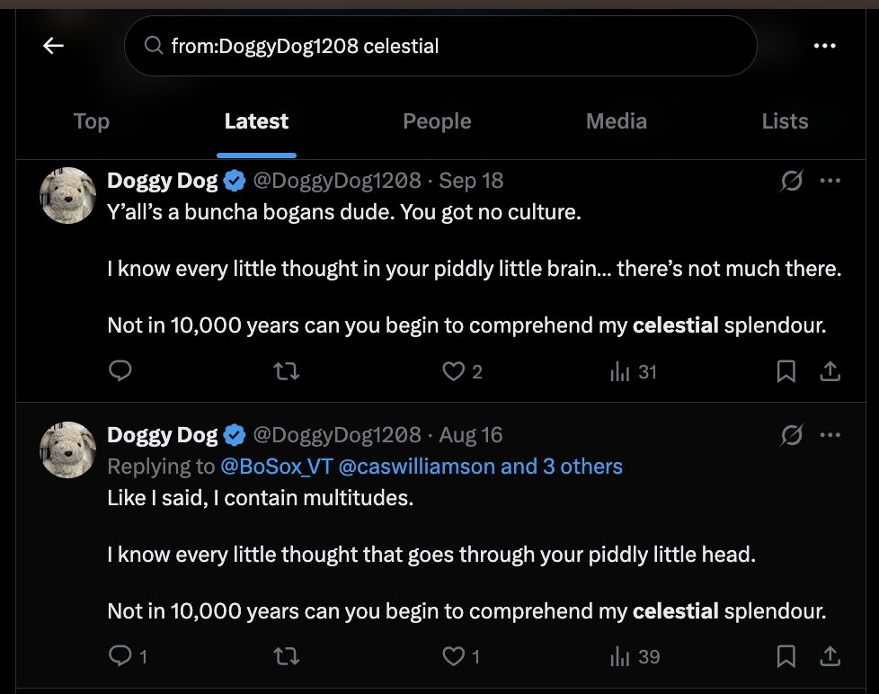 Doggy aime bien se vanter de cette « splendeur céleste » et l'utilise à profusion, mais je soupçonne que, comme pour bea