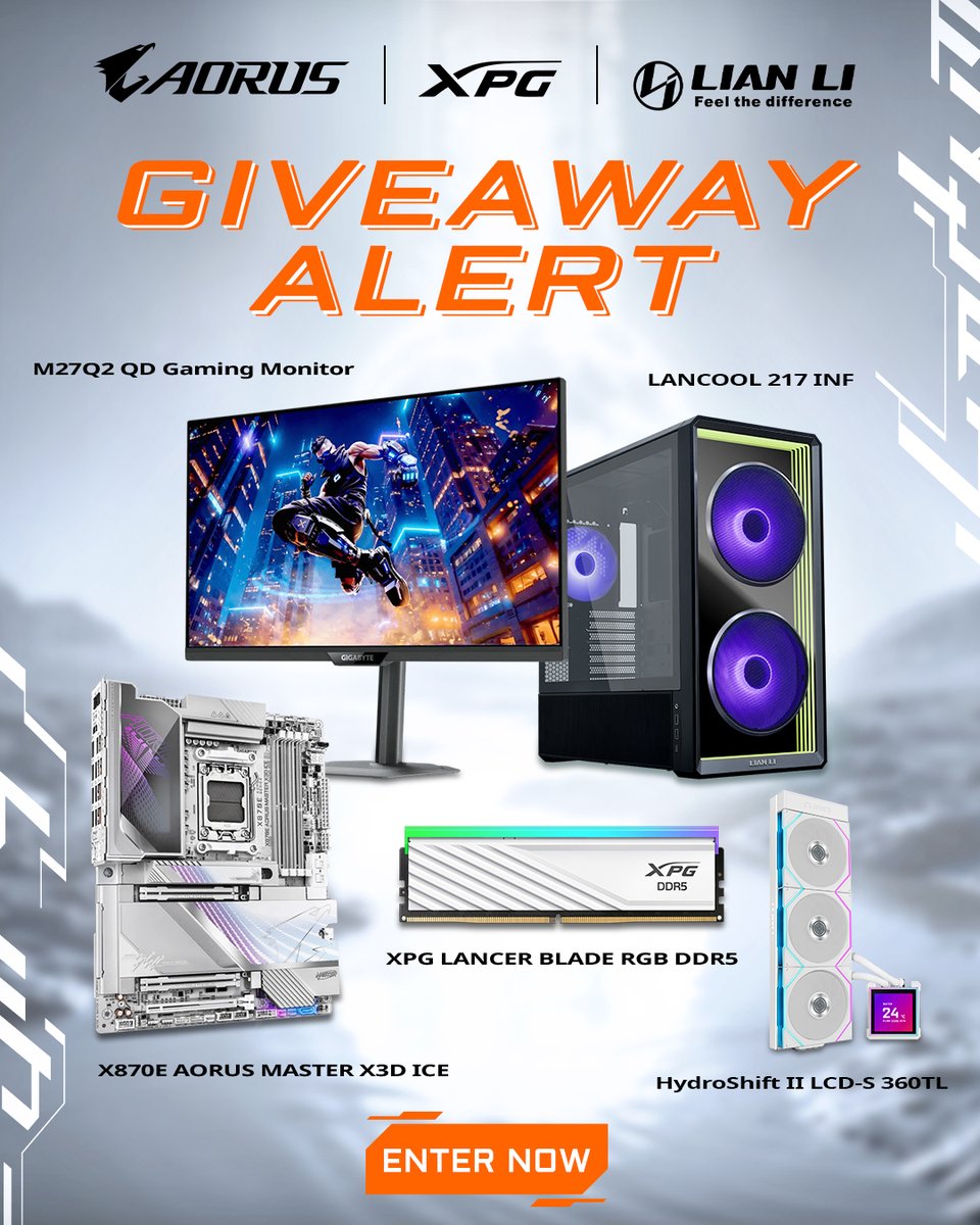 AORUS_ANZ's tweet image. 🎮Don’t miss out on the FEVER GIVEAWAY with @GlobalLianli and @XPG_Global🧡
👉Join now at reurl.cc/2lgY3r 

🎁1x X870E AORUS MASTER X3D ICE
🎁1x GIGABYTE M27Q2 QD Gaming Monitor
🎁1x LIAN LI LANCOOL 217 INF
🎁1x LIAN LI HydroShift II LCD-S 360TL
🎁1x XPG LANCER BLADE RGB…