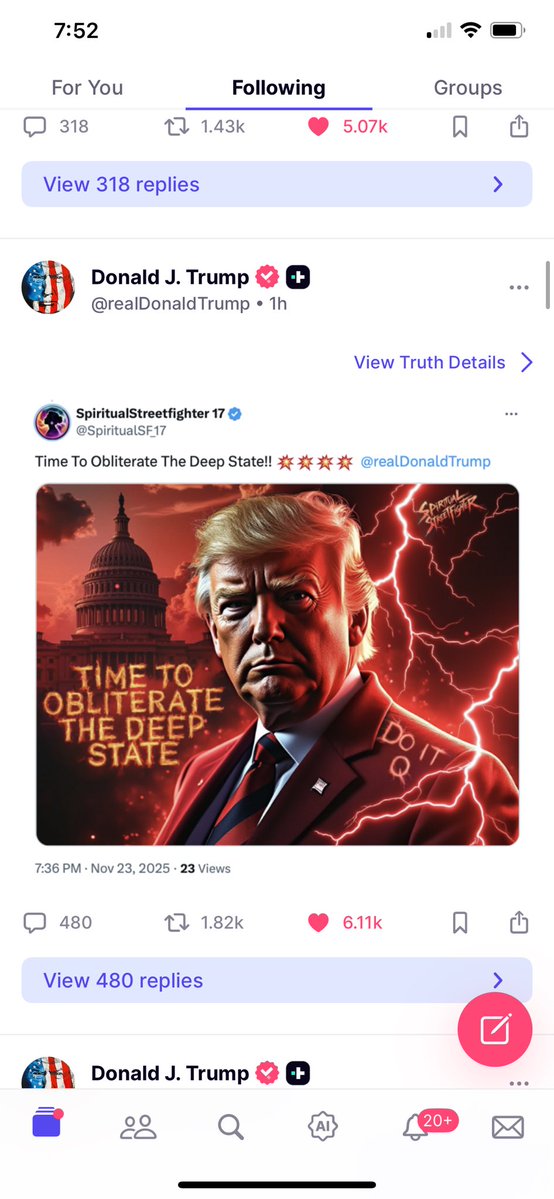 All posted within the last hour on PDJT’s Truth Social.

What’s that letter on his coat? 🫡♠️🇺🇸