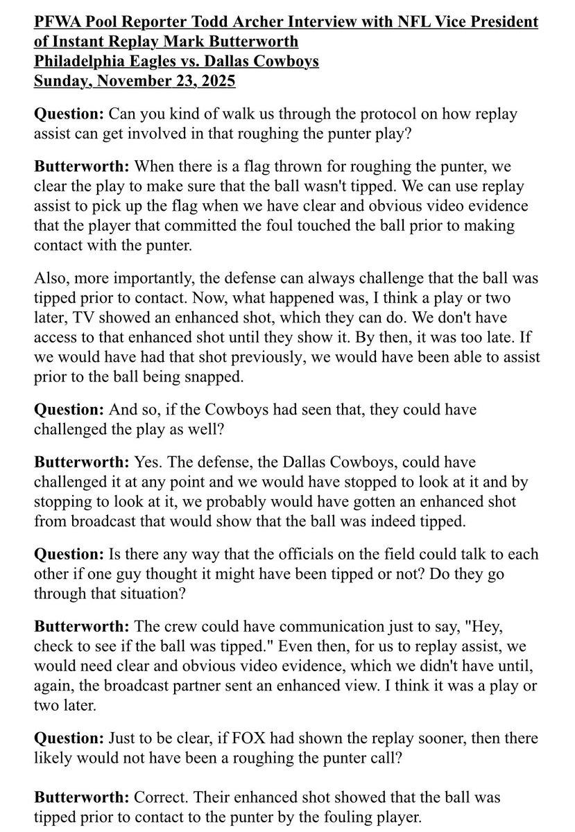 The pool report after the #DallasCowboys 24-21 win over the Philadelphia Eagles indicates if Dallas has challenged the roughing the punter call on LB Marist Liufau, it would have been reversed.