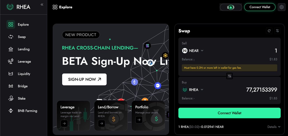Tested <a href="/rhea_finance/">Rhea Finance</a>  today ✅

What works:
- One UI for swap + lend + borrow – seamless experience on NEAR.
- Smart routing gives good swap prices by checking multiple pools behind scenes.
- Chain abstraction actually means you can bring BTC/EVM-assets and use them in NEAR