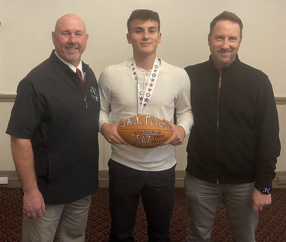 Sburg_Fb's tweet photo. Congratulations to Jack Mitchell on breaking the school record this year with 1,567 yards passing in a season. He also broke the career passing yards with 2,983 with more to come. https://t.co/2XLzQvWsA9