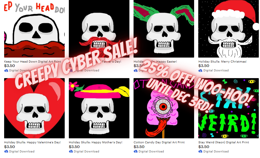 Rabbitearsblog's tweet image. Etsy is having their Cyber Week Sale. In celebration of relaunching my Etsy shop, there&apos;s going to be a 25% off discount for every creepy artwork in my Etsy Shop!  Use code CYBER25 to get 25% off your order and this sale runs until 12/03!
etsy.com/shop/RabbitEar…