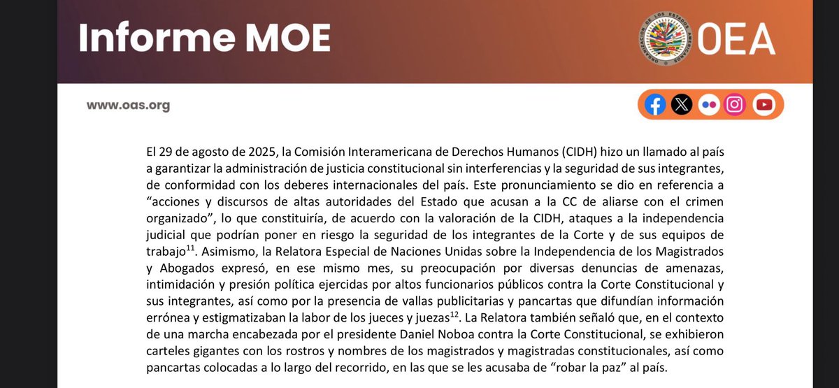 ecuarauz's tweet image. HASTA EL INFORME DE LA OEA DESCRIBE COMPORTAMIENTOS MAFIOSOS DEL GOBIERNO DE NOBOA

“Acusan a la CC de aliarse con el crimen organizado”
“Ataques a la independencia judicial”
“Podrían poner en riesgo la seguridad de los integrantes de la Corte”
“Denuncias de amenazas,…