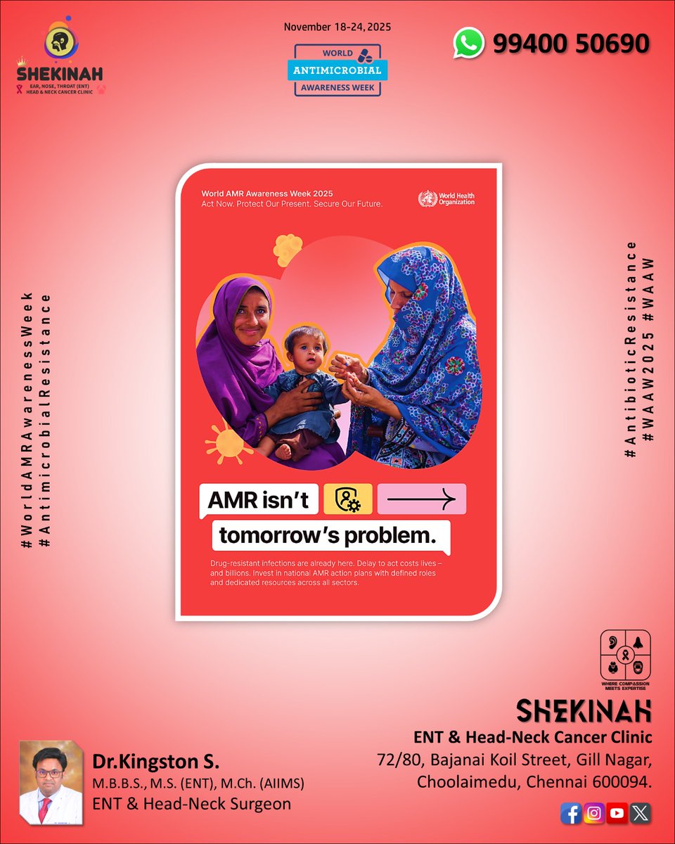 Shekinah_ENT's tweet image. World AntiMicrobial Resistance Awareness Week – Nov 18-24, &apos;25

#WorldAMRAwarenessWeek
#AMRAwarenessWeek

Dr.Kingston S.
ENT &amp;amp; Head-Neck Surgeon
SHEKINAH ENT &amp;amp; HNCC, Choolaimedu.

#HeadAndNeckCancers
#HeadAndNeckSurgery
#HeadAndNeckSurgeon
#HeadAndNeckCancer
#ENTclinicChoolaimedu