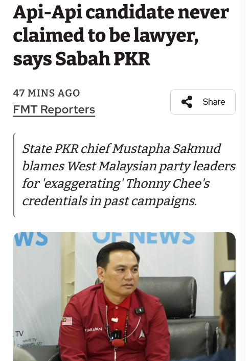 Hilarious.

After misleading FIFA until FIFA themselves blew up - and lying to the public daily - PH’s latest victim is now… PH itself, according to the Sabah PKR chief.

PH ceramah and campaign materials claimed the Api-Api candidate was a lawyer.

But a media portal checked