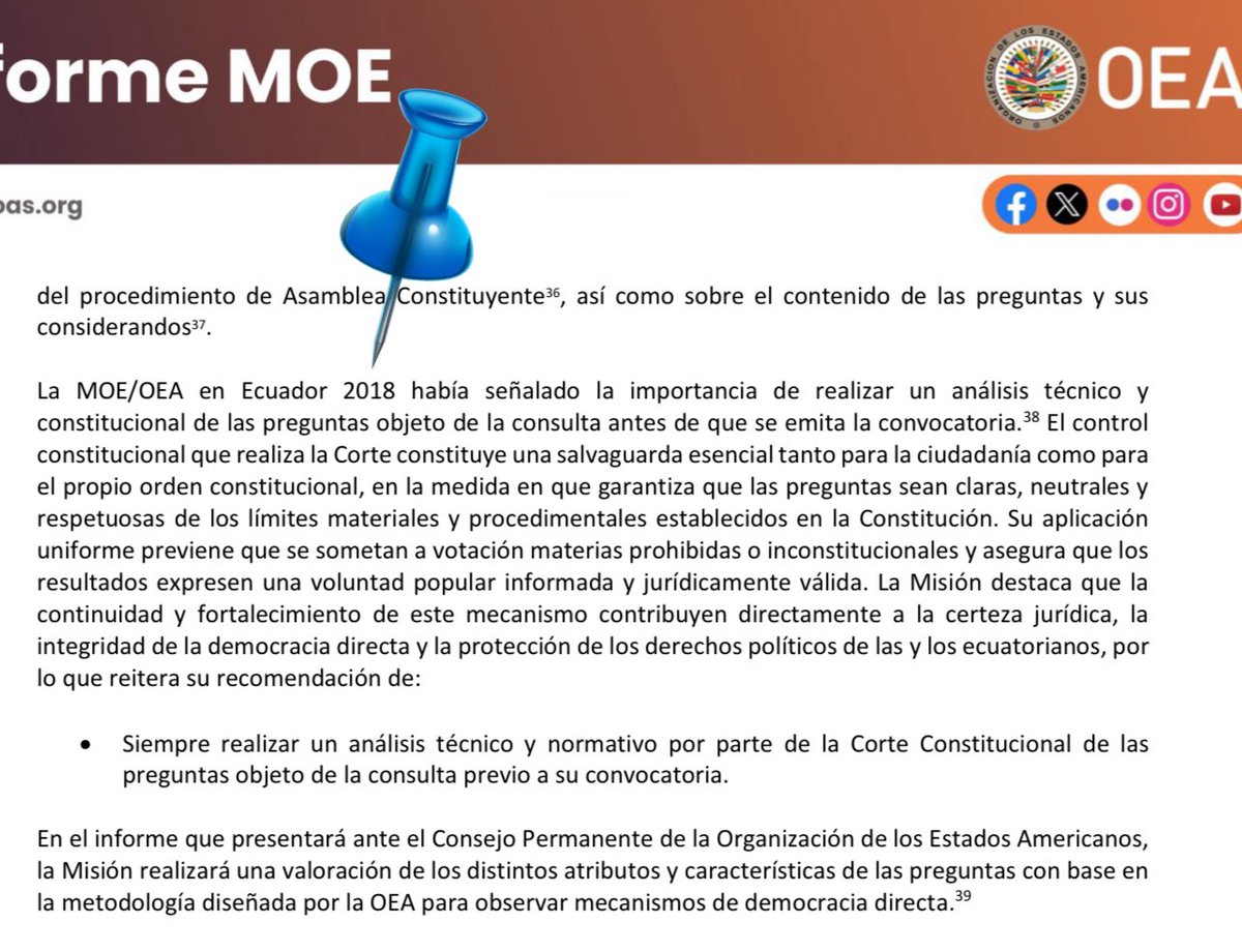 INFORME DE LA OEA DE 2025 CONFIRMA QUE LA CONSULTA POPULAR DE 2018 DE LENIN MORENO FUE UNA CONSULTA MAÑOSA

Indican que SIEMPRE debe haber dictamen constitucional. No lo hubo en 2018. 

Esto invalida a todo el TRUJILLATO, que destruyó a nuestro país aumentando la tasa de