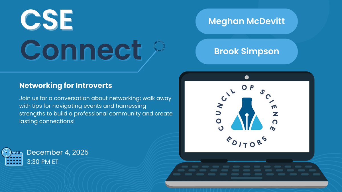 CScienceEditors's tweet image. ❄️CSE Connect: Networking for Introverts

Join editors Meghan McDevitt and Brook Simpson for a conversation about networking; learn tips for navigating events and harnessing strengths to build a professional community and create lasting connections

👉councilscienceeditors.org/cse-connect