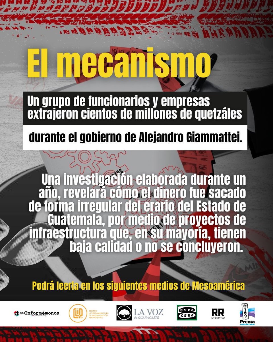 Este podría ser el mayor caso de corrupción con la obra pública de las carreteras de #Guatemala

<a href="/Desinformemonos/">Desinformémonos</a> <a href="/RRPresenta/">Redacción Regional</a>  <a href="/VozdeGuanacaste/">La Voz de Guanacaste</a>  <a href="/OndaCero_es/">Onda Cero</a>  <a href="/CLIP_AmericaLat/">El CLIP</a>  y <a href="/PrensaComunitar/">Prensa Comunitaria Km169</a>  revelan #ElMecanismo, un extenso esquema de corrupción que operó en el gobierno de