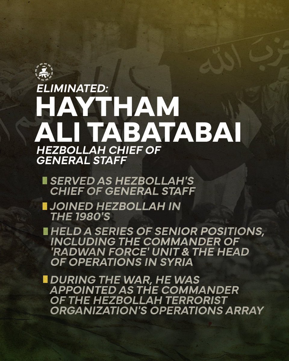 airnewsalerts's tweet image. #Israel&apos;s military killed Hezbollah&apos;s chief of staff, Haitham Ali al-Tabtabai, in an airstrike on the southern suburbs of the Lebanese capital, #Beirut.

In a statement after the strike, Israeli PM #BenjaminNetanyahu said his country will not allow Hezbollah to rebuild its power…