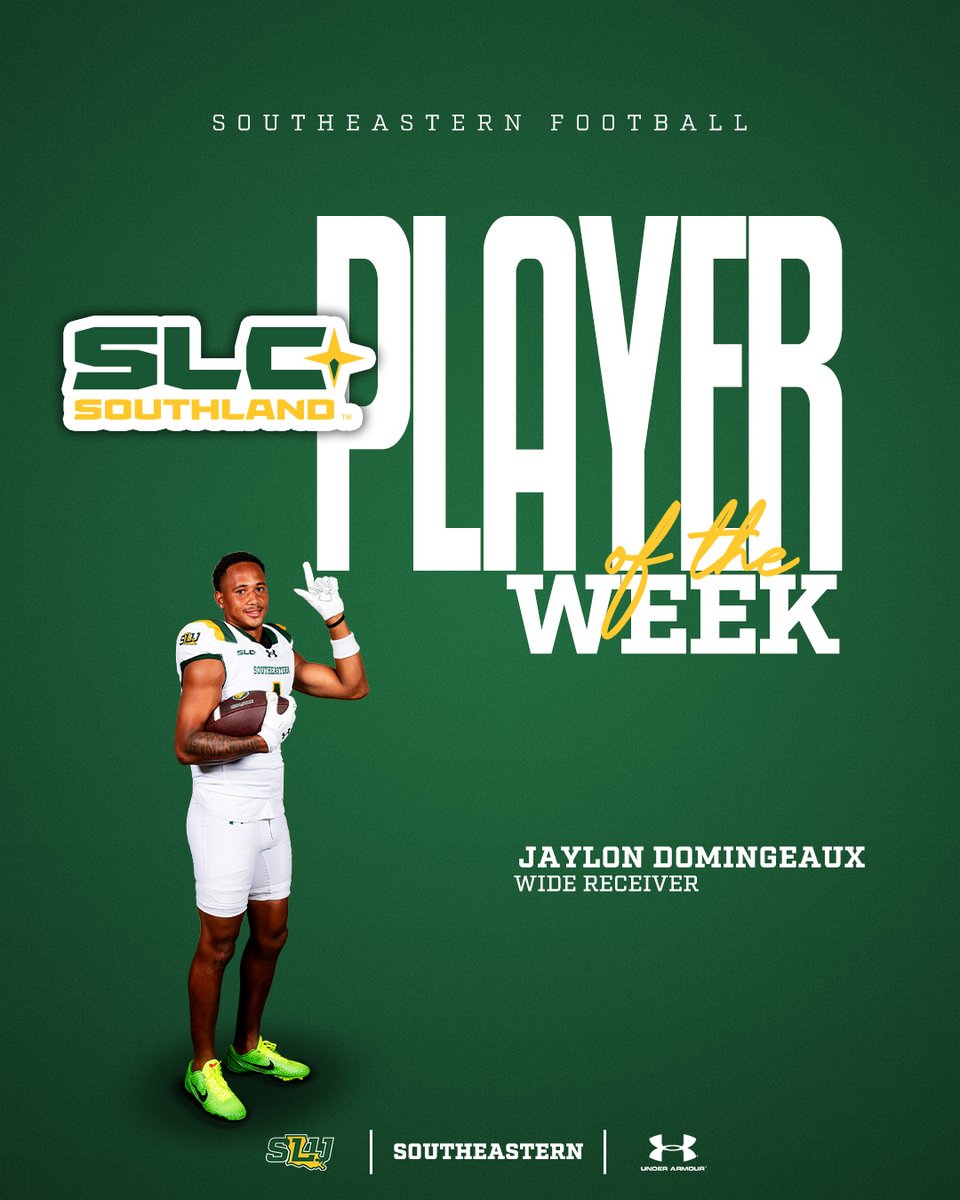 Congratulations to WR Jaylon Domingeaux for being named <a href="/SouthlandSports/">Southland Conference</a> Offensive Player of the Week for the second time in 2025 | The junior caught six passes for 45 yards and three touchdowns in a 38-26 <a href="/LionUpFootball/">Southeastern Football</a> win over Nicholls 

#LionUp | #TheStandard