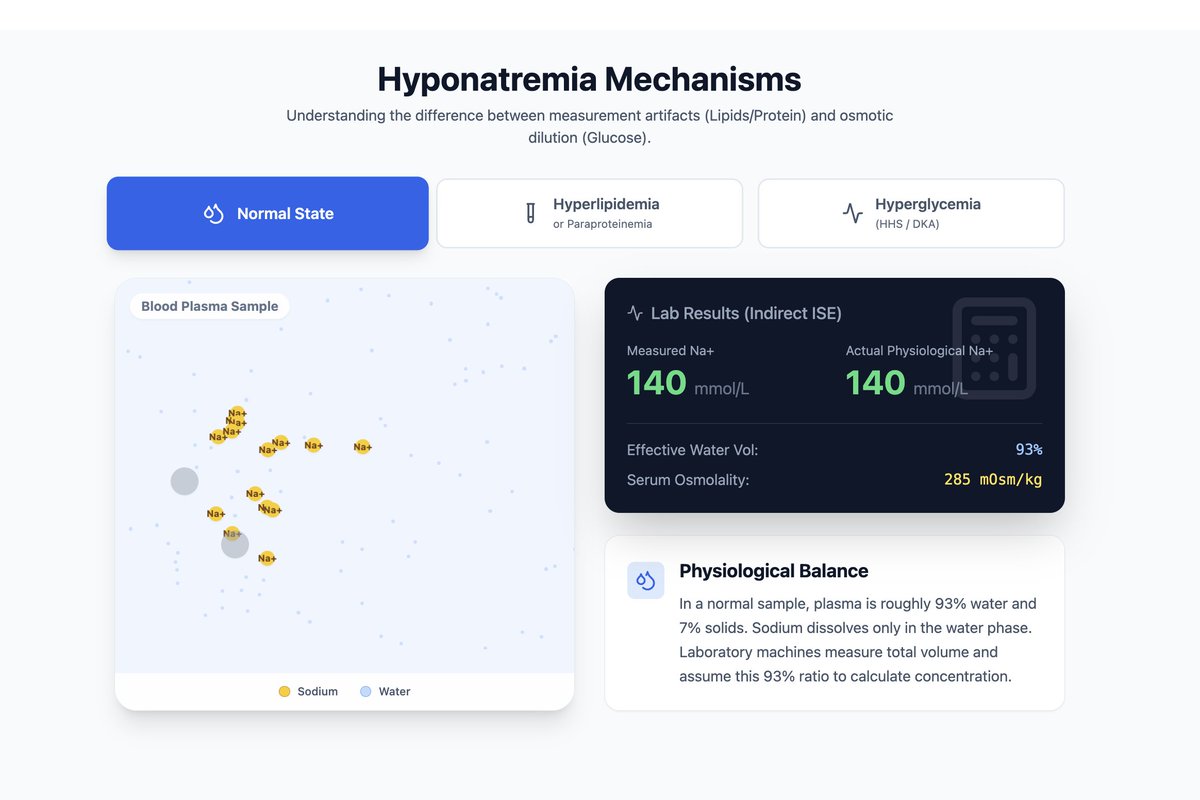 cliffreid's tweet image. &apos;Pseudohyponatremia&apos; due to hyperglycemia is REAL hyponatremia which gets better when you fix the glucose

&apos;Pseudohyponatremia&apos; due to elevated lipids or protein is NOT real hyponatremia. The lab tells you the sodium is low but there is no true hyponatremia

I made this animated…