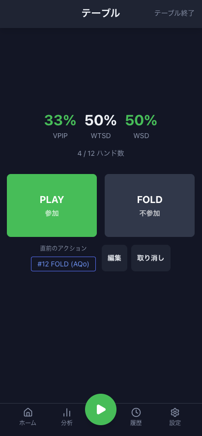 LivePoker_Stats's tweet photo. 場の空気に流されがちなライブポーカーで、自分のスタッツを可視化するアプリを公開！

『Live HH (Hand History)』

✅ VPIP/WTSD/WSDを可視化
✅ ログイン不要・完全無料

▼ ブラウザで開くだけ https://t.co/fRueMglj0f

オンラインのHUDを、リアルのポケットにも

#ポーカー  #LiveHH #アミュカジ https://t.co/2JWRuhreyw