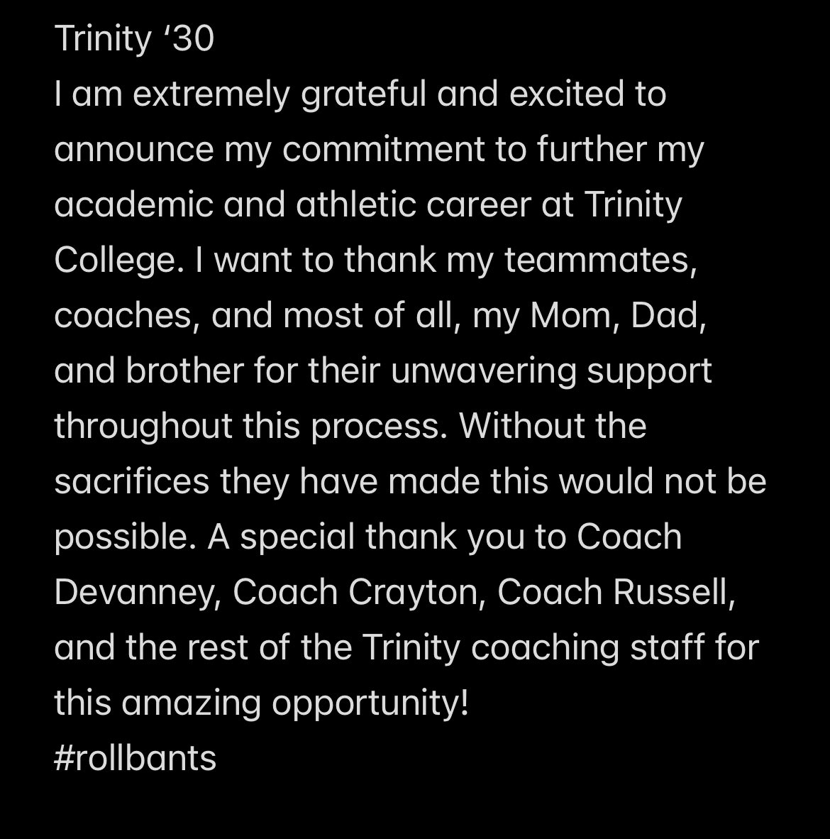 100% Committed to Trinity College Football!!! <a href="/TrinCollFB/">Trinity College Football</a> Thank you Coach Devanney, <a href="/CoachCrayton_/">Ricky Crayton</a> and <a href="/CoachRuss2/">Coach Matthew Russell</a> for believing in me! <a href="/SummitJerseyFB/">Summit Hilltopper Football</a>