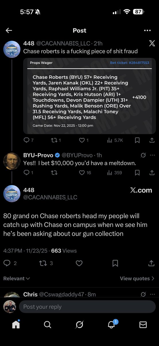 SpideYstow's tweet image. This deserves a significant more amount of attention. Because the threat is:
-directed at a BYU football player,
-mentions “on campus”,
- and involves violence + guns

This is an easy trigger for the police to be involved. We saw it with the guy that threatened the Utah/BYU game.