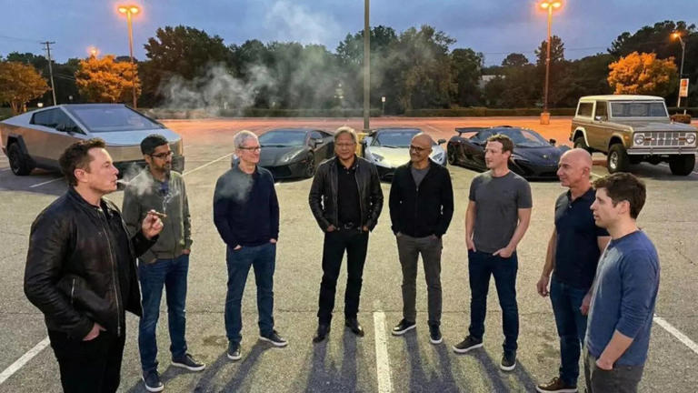 umar_ibn_munwar's tweet image. 🔥 $1 Trillion Squad alert! Elon Musk, Mark Zuckerberg, Sundar Pichai &amp;amp; the billionaire crew drop an epic AI photo—parking lot boss vibes that broke the internet! 😂 What if this squad ran the world? #TrillionSquad #AIViral #TechTitans @elonmusk @finkd @sundarpichai @TechCrunch
