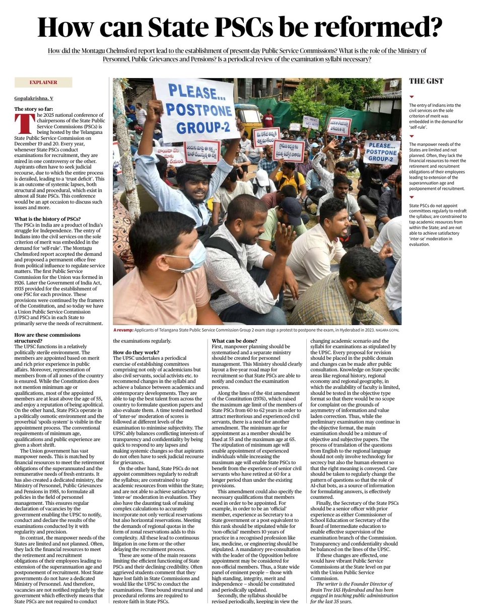 Rajmalhotrachd's tweet image. State PSCs Crisis: Trust Deficit in India’s Recruitment Architecture 🧑‍💼🏛️

#StatePSC #CivilServicesReform #GS2 #Governance

Story so far

Telangana hosting national conference of State PSC chairpersons; trust deficit due to leaks, delays, cancellations, litigations.

Systemic…