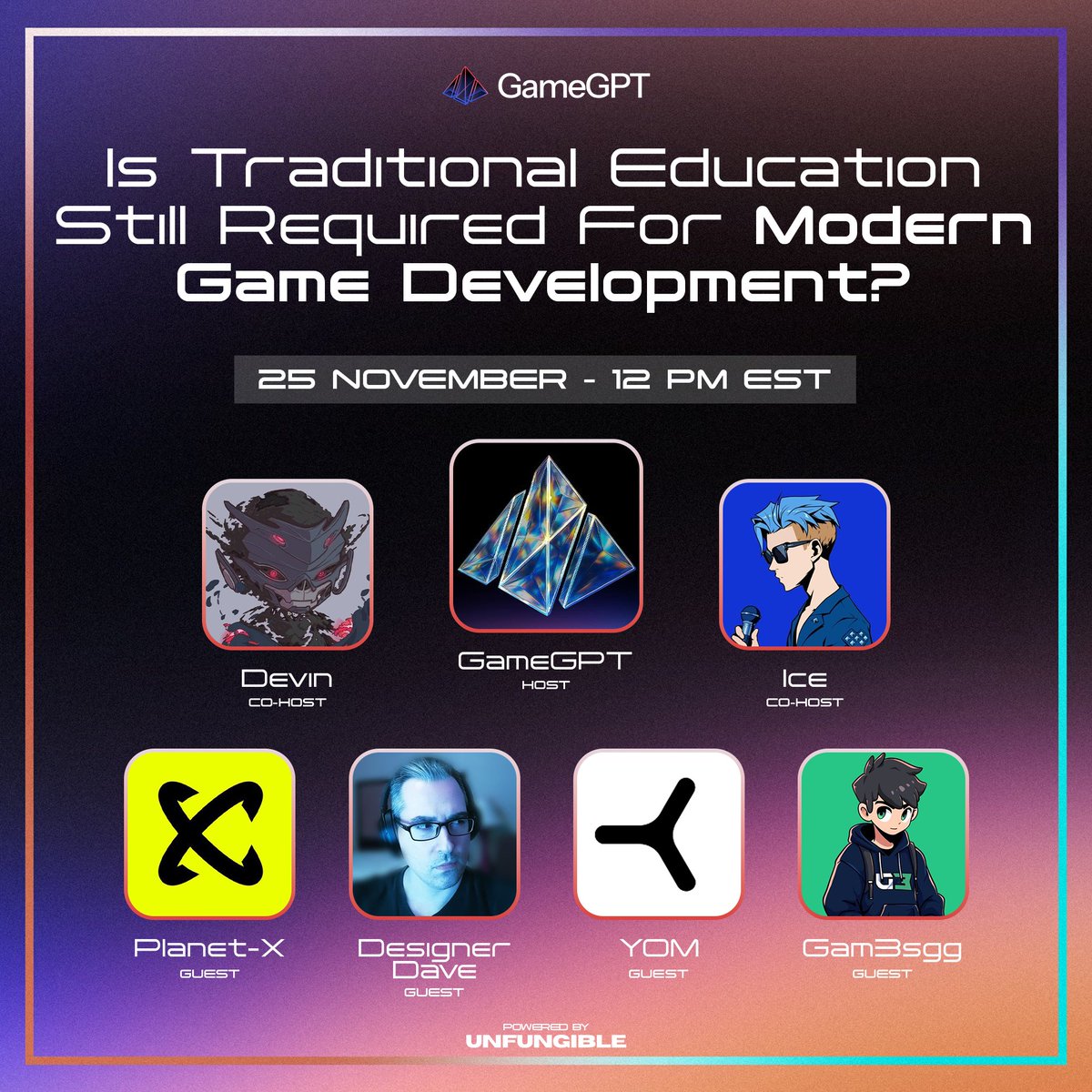 It’s time to continue the conversation for the future of gaming as AI rapidly moves forward.

Is traditional education still required to build games in 2025 for the next gen of developers?

Our panel:
<a href="/Devin_Web3/">Devin</a>
<a href="/ice_unfungible/">Ice</a>
@planetx
<a href="/davidkfried/">DesignerDave</a>
<a href="/YOM_Official/">YOM</a>
<a href="/GAM3Sgg_/">GAM3S.GG</a>