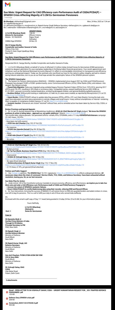 🇮🇳 DAY 111 OPEN LETTER TO SH K SANJAY MURTHY, HON’BLE COMPTROLLER AND AUDITOR GENERAL OF INDIA (CAG): SUO MOTO 🌟  
#SPARSHFailsVeterans: 
I, Lt Col R K Bhardwaj (Retd), on behalf of some of the affected 3.2M Ex-Servicemen (ESM) pensioners, salute your exemplary leadership as