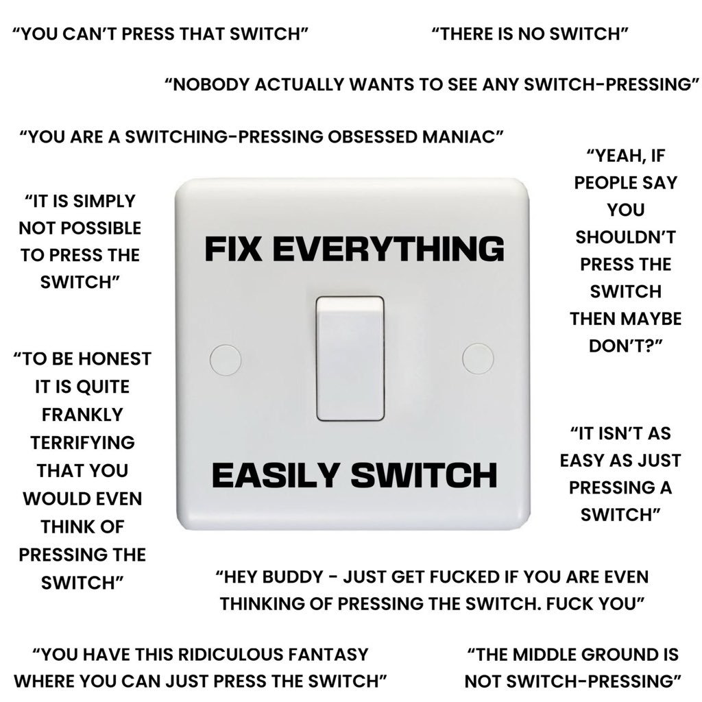 여러 변명들로 둘러싸인 '모든 것을 쉽게 고치는 스위치'에 관한 밈