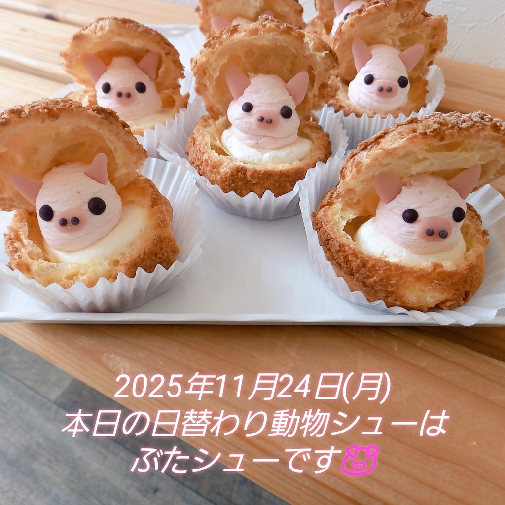 hacchi_oyatsu's tweet image. 2025年11月24日(月)
こんにちは！
今日は祝日なので、通常通り営業しております🎵

本日ぶたシューお出ししてます🐷
先日お客様より「毎日何シューが出るのか楽しみにしてます😊」と言われ、めっちゃ嬉しかったです(*^^*)

明日は定休日となっております🙇

では、本日もよろしくお願いいたします😊