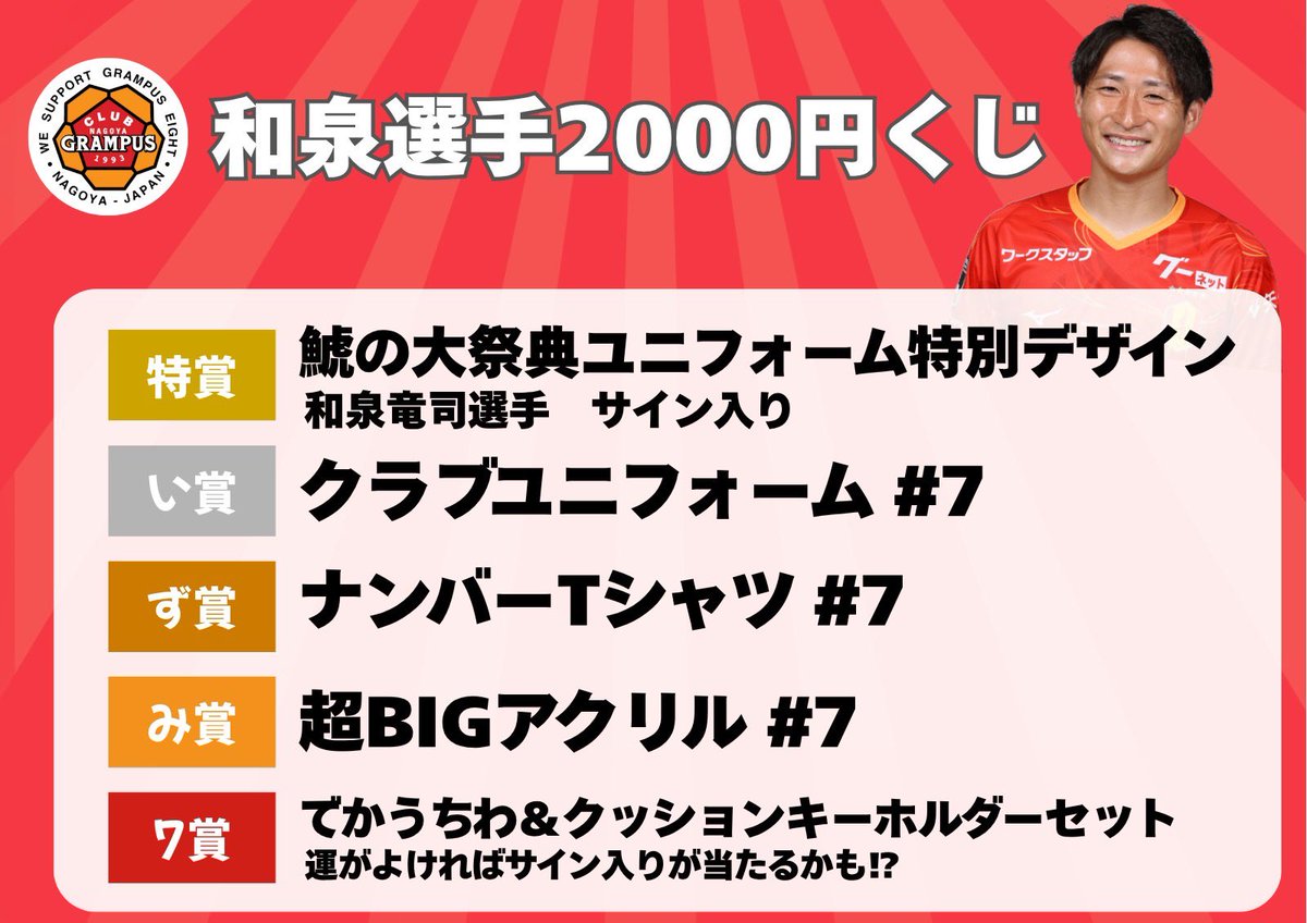 クラブグランパス 情報／ #和泉竜司 選手2000円くじ開催中🎉 イベント