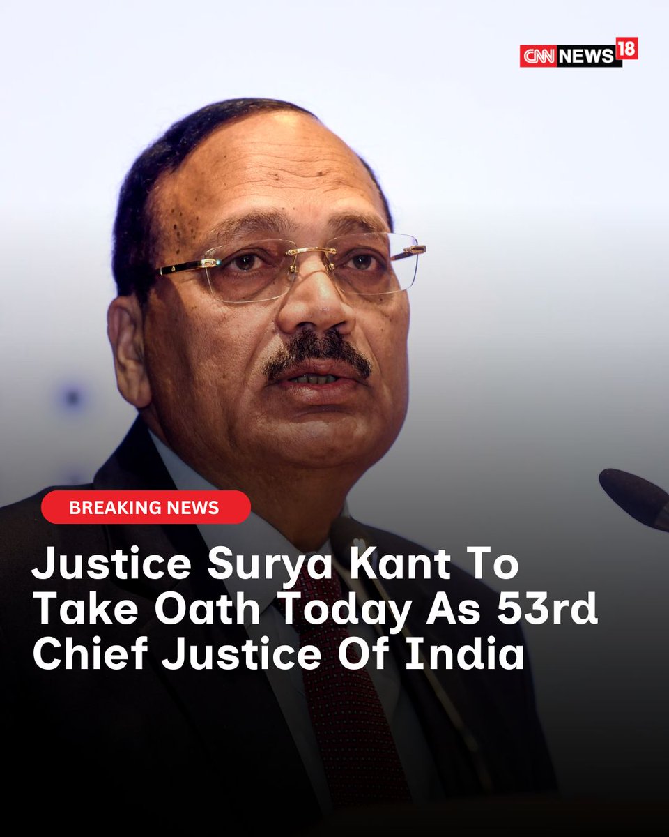 CNNnews18's tweet photo. The President appointed Justice Kant, following the recommendation of outgoing CJI Gavai, who upheld the seniority convention in naming his successor

#JusticeSuryaKant #CJI #ChiefJusticeOfIndia #SupremeCourt #Judiciary #RashtrapatiBhavan #PresidentMurmu #Article124 #CJIGavai #IndiaNews #BreakingNews #JudicialAppointments 

https://t.co/xLamQioVcl