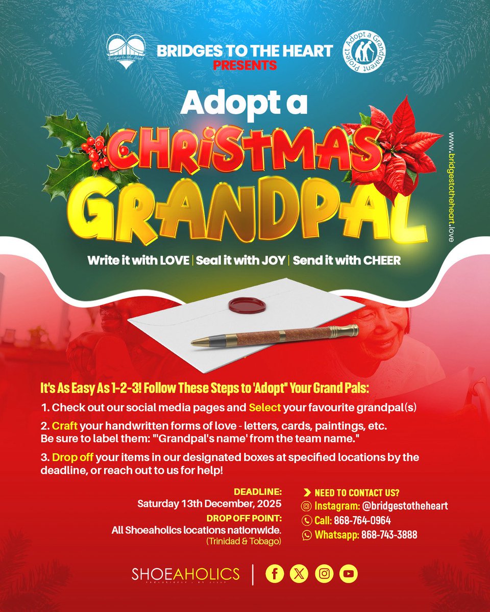 _TeamBridges's tweet photo. 2025!❤️ 

choose as many grand pals as you like, create your letters, cards or small gifts and drop them off at any Shoeaholics branch in Trinidad AND Tobago!

See the full list on IG or FB @ bridgestotheheart 

DM us with any questions! https://t.co/nZXGaf4IQe
