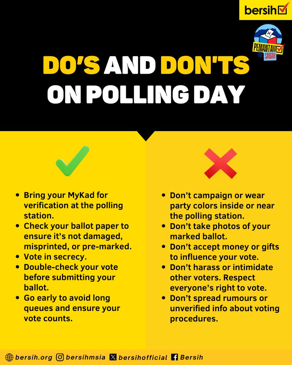 Ready to vote? Here’s your quick guide to what’s allowed and what’s not on Polling Day. Let’s keep the process clean and fair 💪🏼 

#PRUSabah #PantauSabah