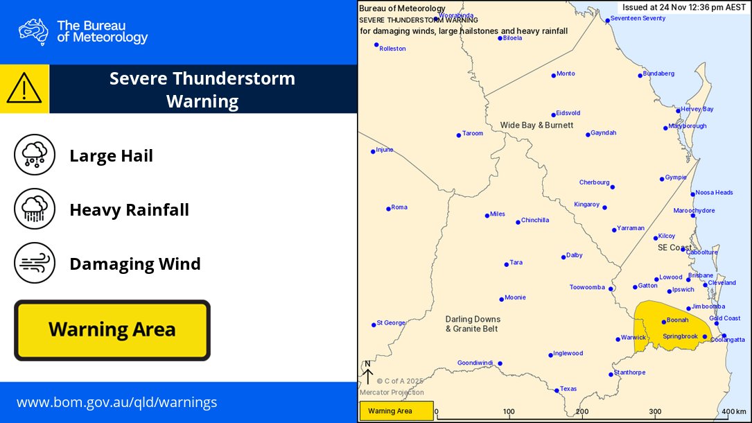 ⚠️⛈️Severe Thunderstorm Warning for damaging winds, large hailstones and heavy rainfall in
parts of #SoutheastCoast and #DarlingDownsGraniteBelt.
Locations which may be affected include #Boonah, #Springbrook, #MountTamborine and #Beaudesert.
bom.gov.au/warning/severe…