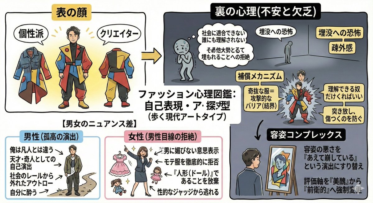 Bronzeman03's tweet photo. ファッションってなんのためにしているのかわからなかったので教えてもらいました。
5つに分類されるのな。
1. マウント・貴族タイプ
2. イケてる部族タイプ
3. オタク・職人リスペクトタイプ
4. 歩く現代アートタイプ
5. 都市型サバイバータイプ https://t.co/QvJO9Zcp7u