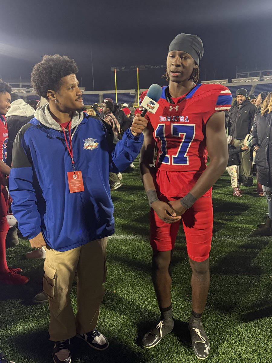 DeMathaCatholic's tweet photo. Junior quarterback Tristan Saab led DeMatha on a game-winning 66-yard touchdown drive and threw TD passes to Josh Parker and Lavar Keys to lead DeMatha to a 20-13 victory over Gonzaga to seal consecutive WCAC Championships. Sabb scored from the 1 with 1:01 to play. #OneDeMatha https://t.co/0m8e8D9Twn
