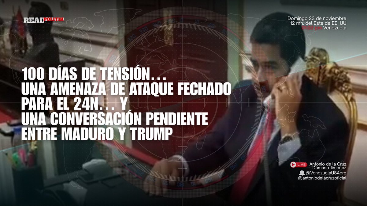 Con el peligro de un ataque a las bases vinculadas al narcotráfico y la posibilidad de un cambio de actores políticos, la presión sobre Maduro es cada vez mayor. 

Realpolitik: Podcast con Antonio de la Cruz y Dámaso Jiménez

youtu.be/cbLKjIK0Ilw?si…