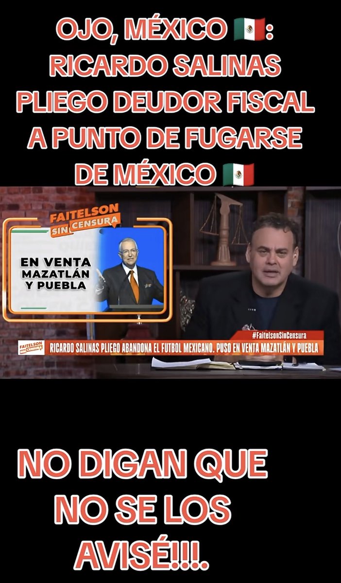 AGUAS! EL RATERAZO DE SALINAS PLIEGO TIENE EN VENTA A EQUIPOS MAZATLAN, PUEBLA!! NO SE APENDEJEN!! SAQUEN SU DINERO DE BANCO AZTECA! LO BAN A PERDER. LA SUPREMA CORTE HA FALLADO EN SU CONTRA Y TIENE QUE PAGAR LO QUE DEBE! NO SE APENDEJEN!!