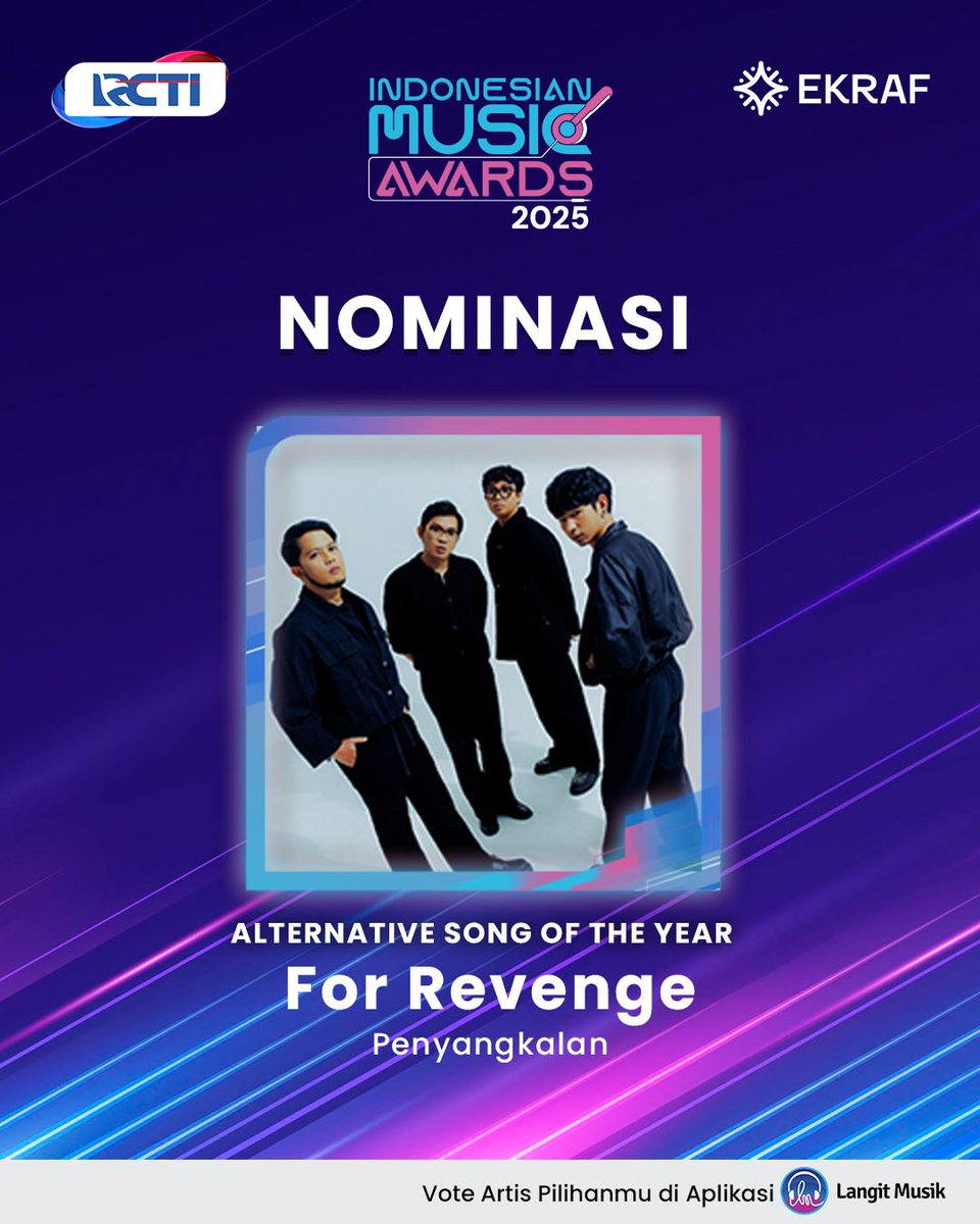 LangitMusik's tweet photo. Band For Revenge dinominasikan dalam kategori bergengsi ALTERNATIVE SONG OF THE YEAR!

Lagu mereka, “Penyangkalan”, yang dikenal dengan lirik mendalam dan aransemen yang kuat.

Vote FOR REVENGE melalui Aplikasi Langit Musik https://t.co/HhKv3kZMbl  
#IMAAwards2025 #ForRevenge https://t.co/bB7Mn6ffLN