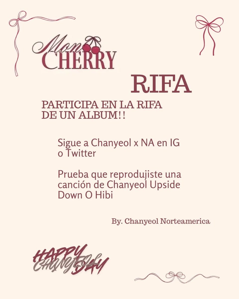EXOLMonterrey's tweet photo. 《🅜🅞🅝 🍒 🅒🅗🅔🅡🅡🅘🅔》
𝐶ℎ𝑎𝑛𝑦𝑒𝑜𝑙 𝑏𝑖𝑟𝑡ℎ𝑑𝑎𝑦 𝑒𝑣𝑒𝑛𝑡 🎂🥳
Yeolmae 🍒 EXOL Celebremos a #CHANYEOL

📆 30/Noviembre 
⏰ 1pm - 5 pm
📍 moccha
(𝐴𝑣𝑒𝑛𝑖𝑑𝑎 𝐹𝑢𝑛𝑑𝑖𝑑𝑜𝑟𝑎 𝟸𝟶𝟶 , 𝐶𝑜𝑙 𝑂𝑏𝑟𝑒𝑟𝑎 𝑃𝑙𝑎𝑧𝑎 𝑃𝑢𝑛𝑡𝑎𝑐𝑒𝑟𝑜 𝟹 𝑝𝑖𝑠𝑜)

Más info 🔽 https://t.co/6uJQmLSrgL