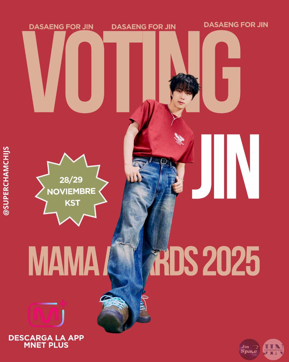 jinspacelatam's tweet image. 🚨 ¡Atención! Llega la VOTACIÓN EN VIVO 🚨
Ese 10% extra puede asegurar el Daesang para JIN 💜

📱 Vota así:
Mnet Plus → Live Voting → JIN → Confirmar ✔️

🗓️ 28–29 de noviembre
¡Prepárate y vota en cuanto abra! 💜🚀

¡Vamos por esa victoria para Jin! 💜💜

#방탄소년단진 #진…