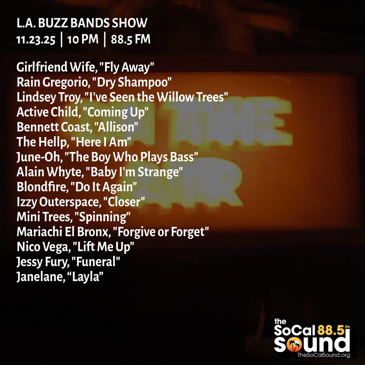 buzzbandsla's tweet image. Coming at 10PM: @BuzzBandsLA Show on 88.5 @TheSoCalSound, feat. Lindsey Troy, Girlfriend Wife, Blondfire, Izzy Outerspace, Nico Vega, June-Oh, The Hellp, Active Child, Rain Gregorio, Alain Whyte, Mini Trees, Bennett Coast and more ... Tune in!  bit.ly/4ilrNI3