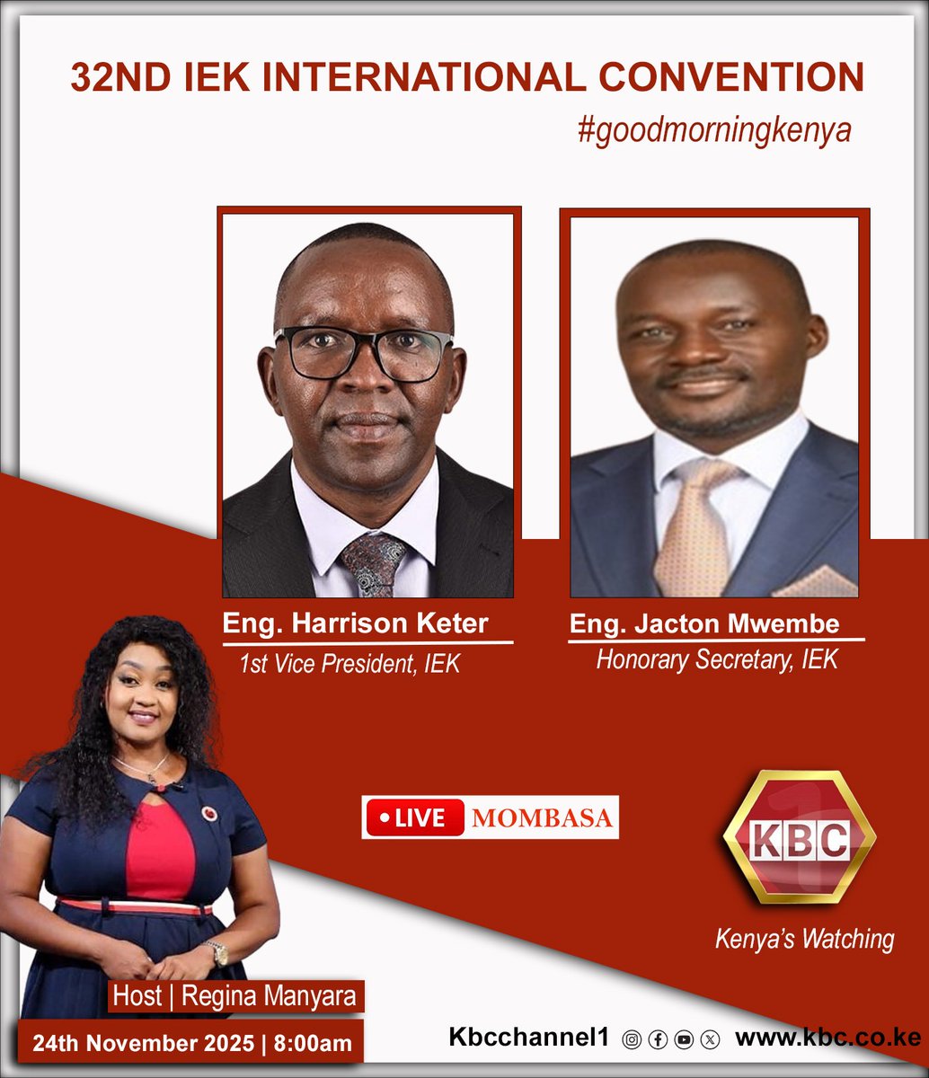32nd IEK International Convention

Join Eng. Harrison Keter, 1st Vice President of IEK, and Eng. Jacton Mwembe, the Honorary Secretary of IEK, on Good Morning Kenya as they discuss the upcoming 32nd IEK International Convention, scheduled to take place in Mombasa starting
