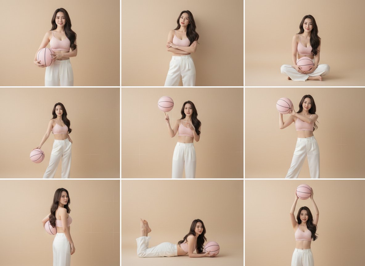 promt: one girl with mutiple angles in 9 grids