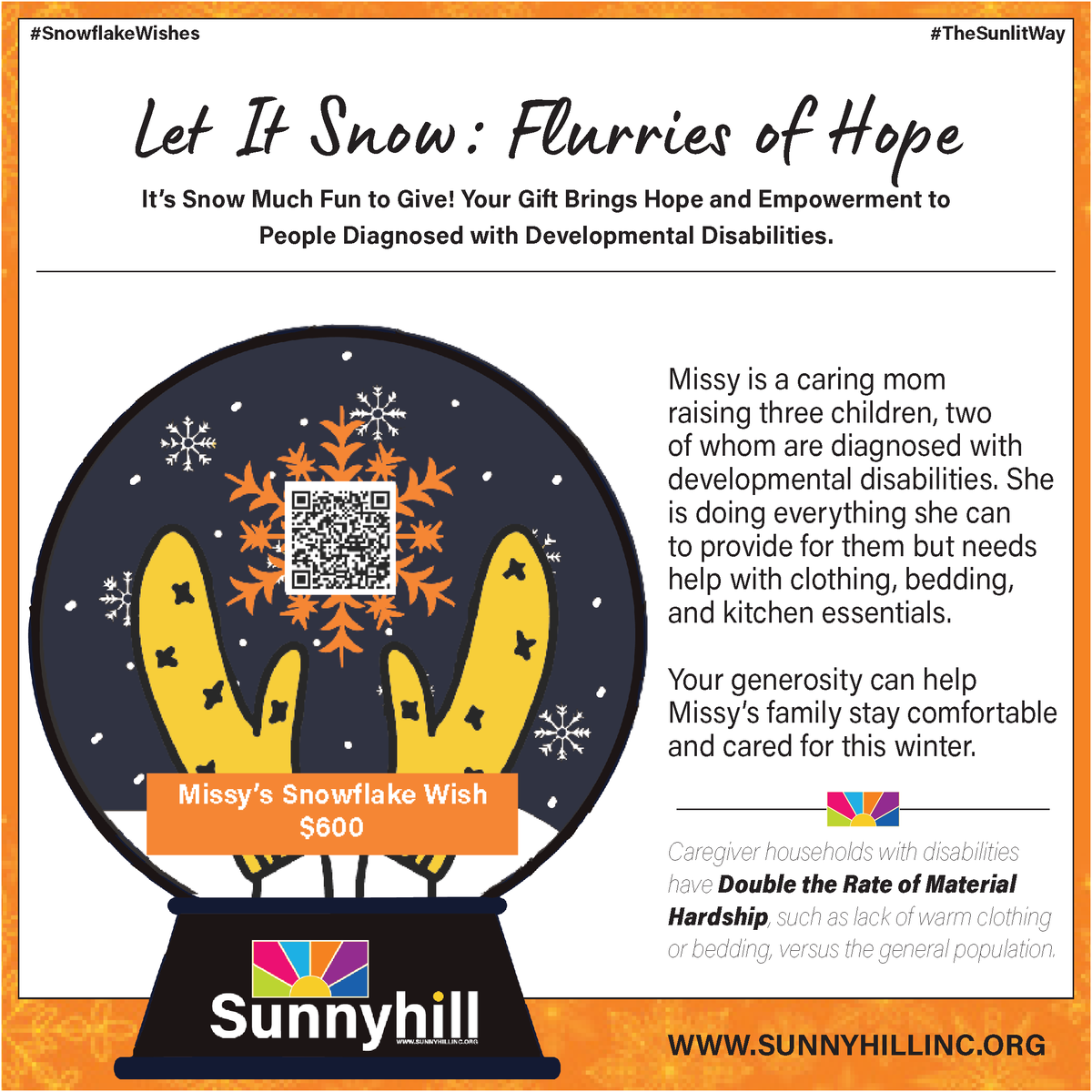Sunnyhill_Inc's tweet photo. Help Sunnyhill support Missy &amp; her three incredible kids! - https://t.co/vWGNyTXcAI #SUNNYHILL #TheSunlitWay #Snowflake #SnowflakeWish #SnowMuchFunToGive #LetItSnow #IDD  https://t.co/PAvGBWu7uz https://t.co/U2minoZl1T
