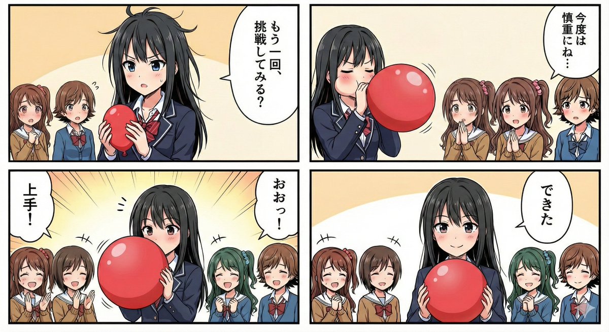 Nano Banana Pro使ってみました。

風船膨らまし割り4コママンガもあっという間に出来ます。
You can whip up a four-panel comic about blowing up and popping balloons in no time.
#風船 
#nanobanana