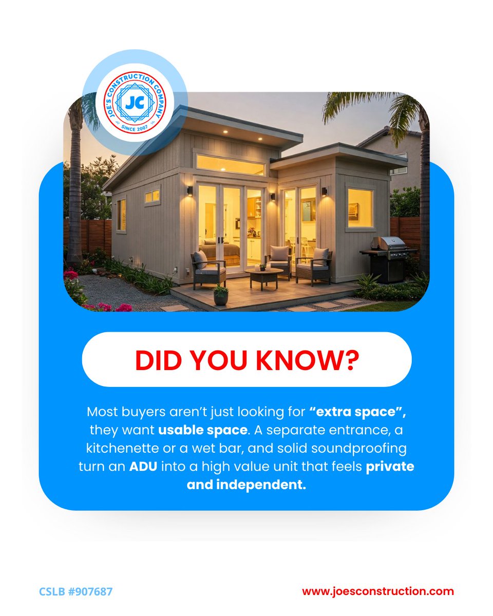 joesconstruct's tweet image. If you were buying a home, would you prefer an ADU that just looks nice… or one that’s actually built smart? 🧠

#ADUConstruction #DetachedADU #SmartHomeFeatures #CaliforniaContractor #HomeBuyer #BuildSmart #EnergyEfficientDesign #SoundproofingSolutions #contractor #construction