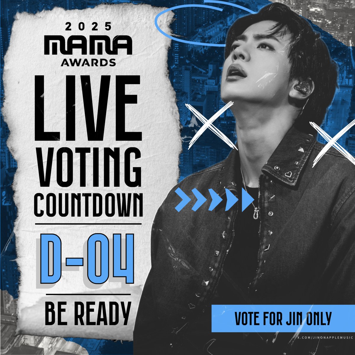 jinonapplemusic's tweet image. 💙 𝗗-𝟰 𝘂𝗻𝘁𝗶𝗹 𝗠𝗔𝗠𝗔 𝗟𝗜𝗩𝗘 𝗩𝗢𝗧𝗜𝗡𝗚!  💙

This is our moment to secure Jin’s Daesang.

🗳️ Voting opens on Nov 28 during the show
📱 Log in to 𝘔𝘯𝘦𝘵 𝘗𝘭𝘶𝘴 → 𝘓𝘪𝘷𝘦 𝘝𝘰𝘵𝘪𝘯𝘨 → 𝘗𝘪𝘤𝘬 𝘑𝘐𝘕 → 𝘞𝘢𝘵𝘤𝘩 𝘢𝘥 → 𝘚𝘶𝘣𝘮𝘪𝘵

ARMY, get ready to MOVE.…