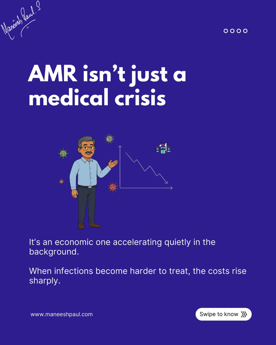 maneeshpaul's tweet image. Antimicrobial resistance (AMR) doesn’t just make infections harder to treat, it quietly drains our healthcare system and our wallets. 

When microbes stop responding to medicines, everything becomes more expensive:
longer hospital stays, stronger drugs, extra tests, and days or…