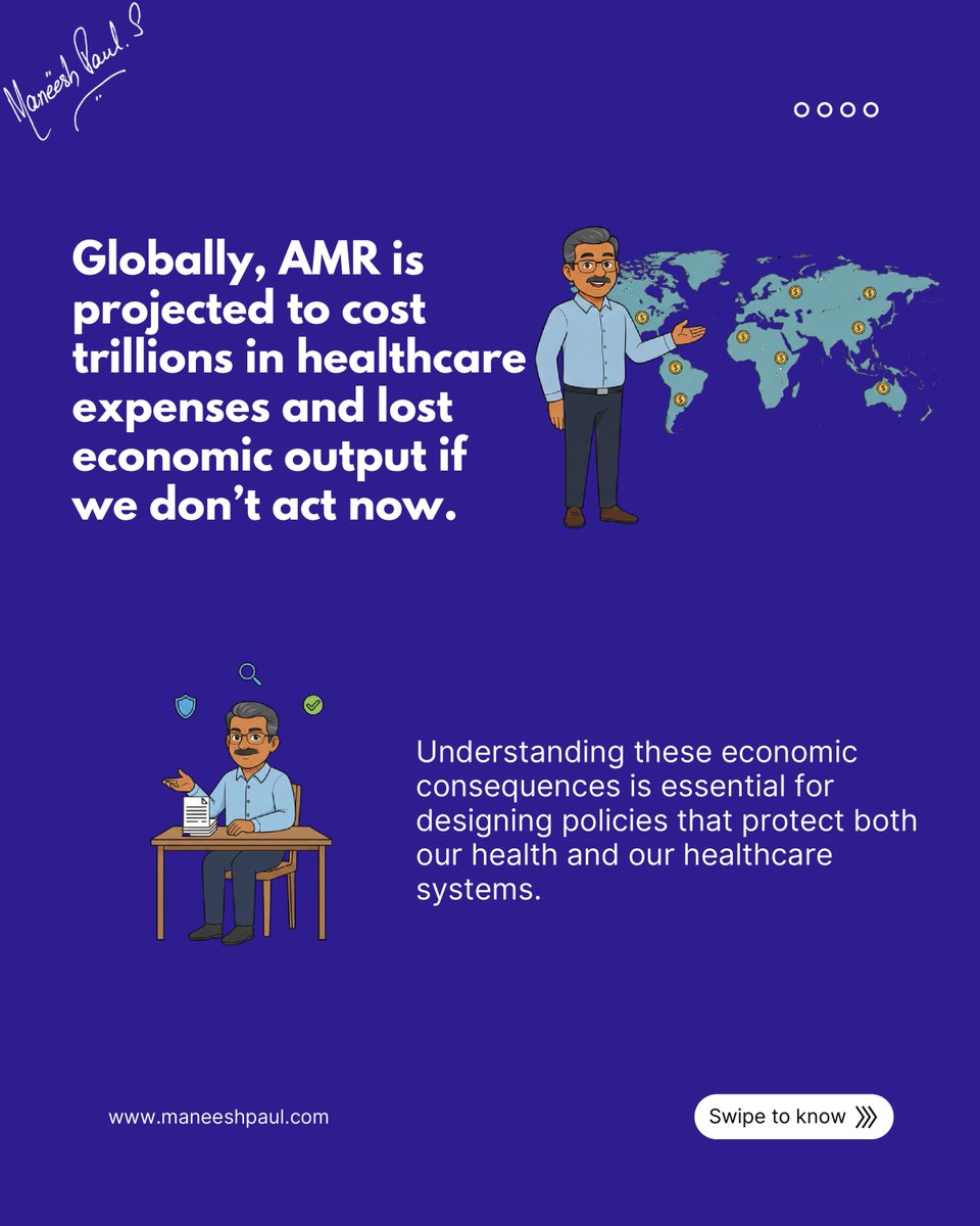 maneeshpaul's tweet image. Antimicrobial resistance (AMR) doesn’t just make infections harder to treat, it quietly drains our healthcare system and our wallets. 

When microbes stop responding to medicines, everything becomes more expensive:
longer hospital stays, stronger drugs, extra tests, and days or…