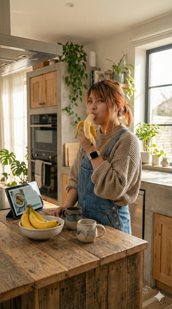 genai_shoai's tweet image. お日様が高くなってから起きる、ちょっと贅沢な休日の朝。レシピを見るふりして、実は立ったままバナナをもぐもぐ…お行儀悪くてごめんなさい！でも、この飾らない時間が一番のエネルギーチャージかも。みんなは今日、どんなのんびり時間を過ごしてる？
#AIart ​#sundaybrunch​ #lazyday