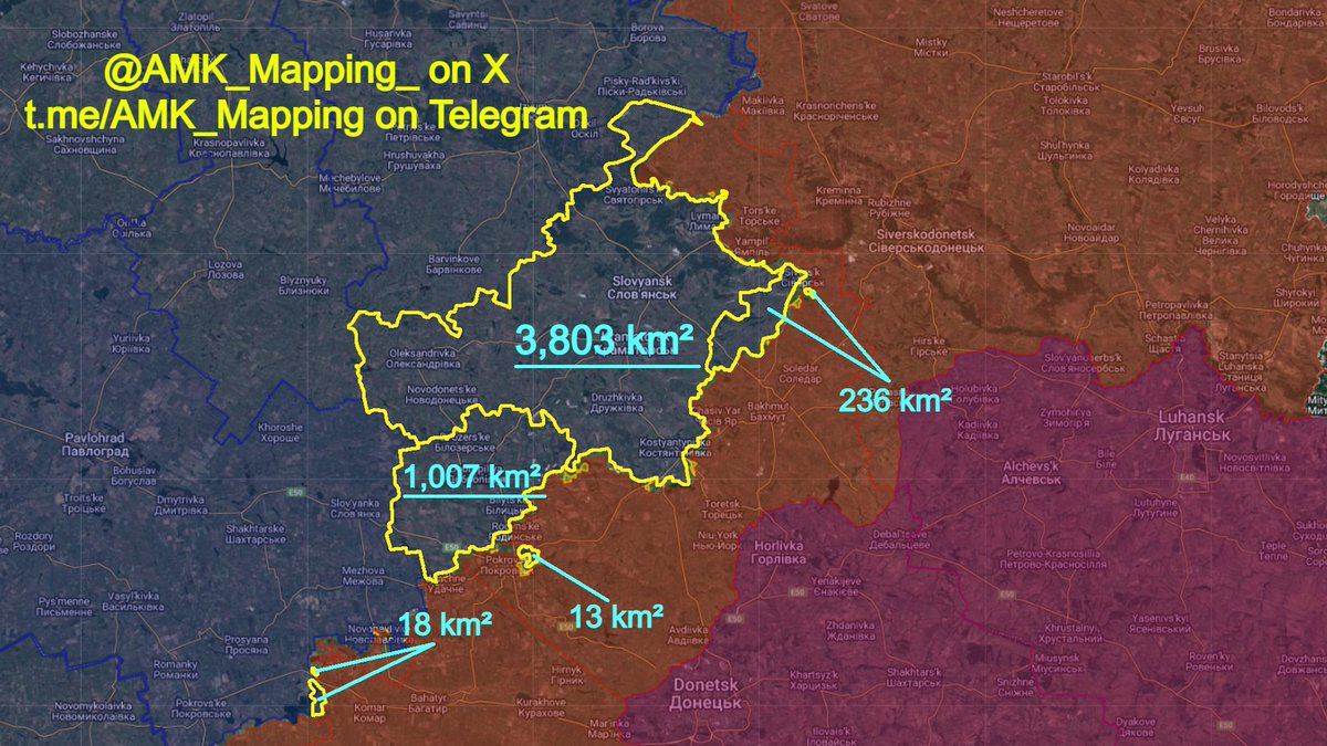 Current status of the remaining Raions (Districts) of Donetsk Oblast with a Ukrainian presence:

Kramatorsk Raion: 3,803 km² (73.3% of total district)
Pokrovsk Raion: 1,020 km² (25.4% of total district)
Bakhmut Raion: 236 km² (13.5% of total district)
Volnovakha Raion: 18 km²